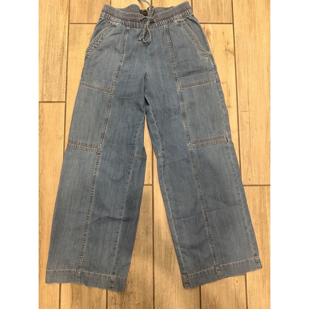 Banana Republic Womens Wide Leg Mid Rise Chambray Pants Blue Elastic Waist XS